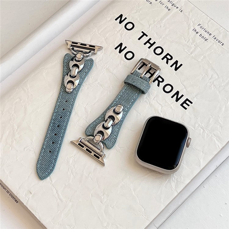 Watch Band For Apple Watch Series 10 Ultra 9 8 7 SE 6 5 4 3 2 1 46mm 49mm 45mm 44mm 42mm Metal D-Buckle Denim Leather Strap - Baby Blue  /  Silver