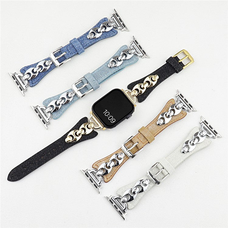 Watch Band For Apple Watch Series 10 Ultra 9 8 7 SE 6 5 4 3 2 1 46mm 49mm 45mm 44mm 42mm Metal D-Buckle Denim Leather Strap - Baby Blue  /  Silver