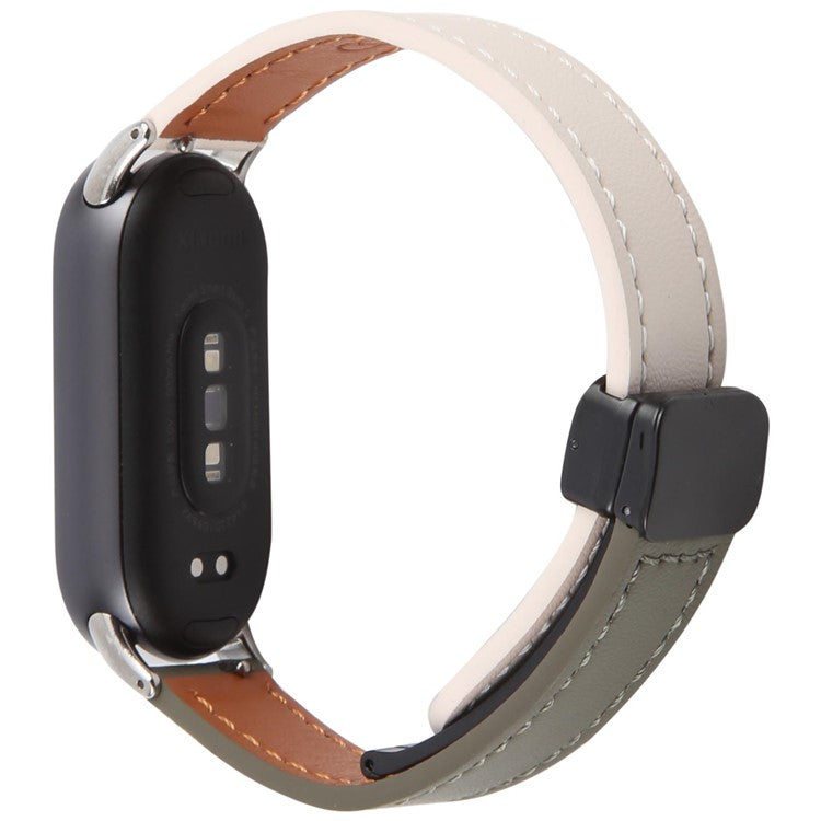 For Xiaomi Smart Band 9 / 8 Foldable Magnetic Black Buckle Microfiber Leather Watch Strap - Beige+Avocado Green