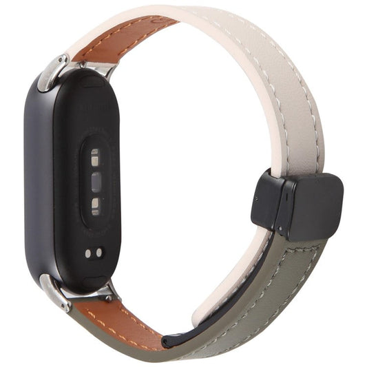 For Xiaomi Smart Band 9 / 8 Foldable Magnetic Black Buckle Microfiber Leather Watch Strap - Beige+Avocado Green