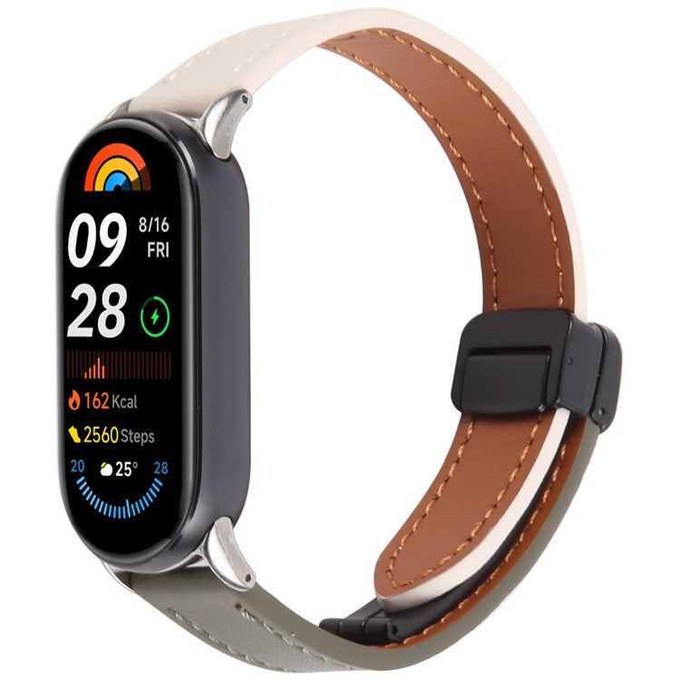 For Xiaomi Smart Band 9 / 8 Foldable Magnetic Black Buckle Microfiber Leather Watch Strap - Beige+Avocado Green