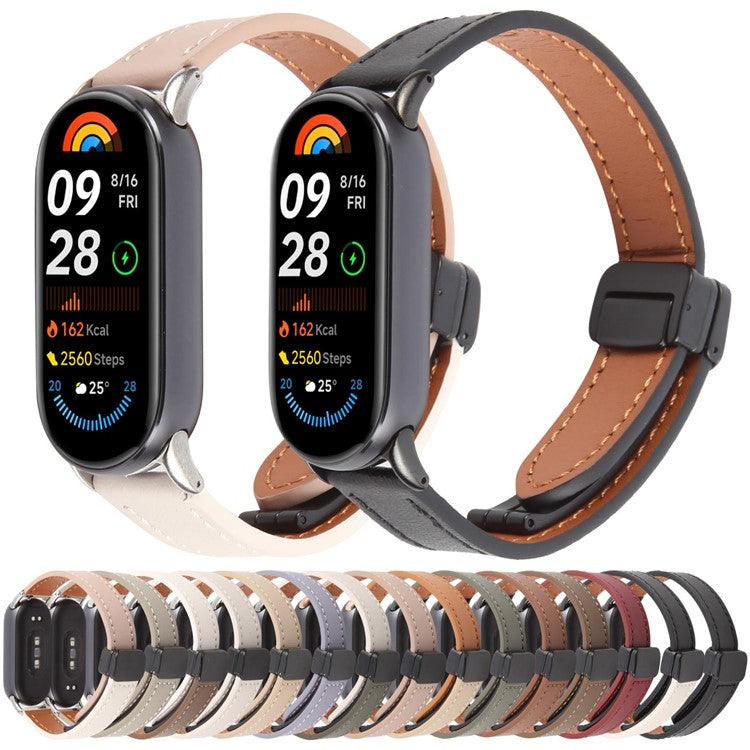 For Xiaomi Smart Band 9 / 8 Foldable Magnetic Black Buckle Microfiber Leather Watch Strap - Beige+Avocado Green
