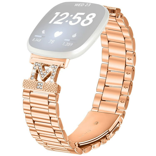 For Fitbit Versa 4 / Sense 2 Watch Strap M-Type Rhinestones Decor Stainless Steel 3-Bead Band - Rose Gold