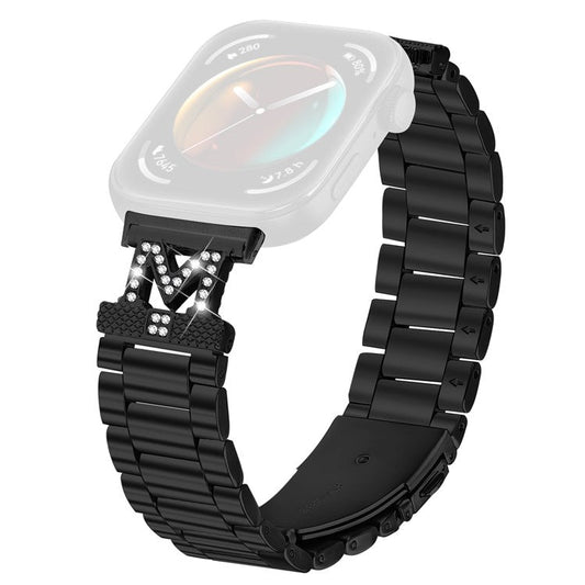 For Huawei Watch Fit 3 Replacement Strap M-Type Rhinestones Decor Stainless Steel 3-Bead Watch Band - Black