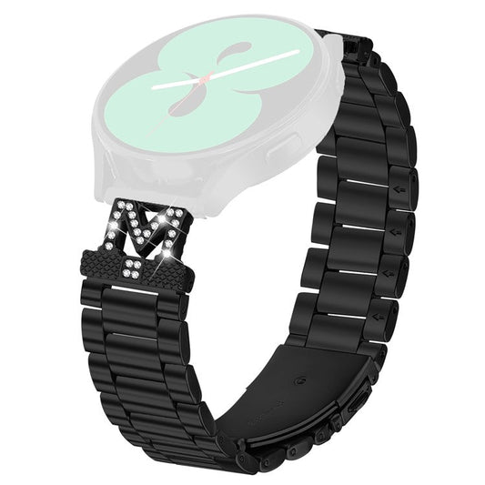 For Samsung Galaxy Watch3 41mm Replacement Strap M-Type Rhinestones Decor Stainless Steel 3-Bead Watch Band - Black