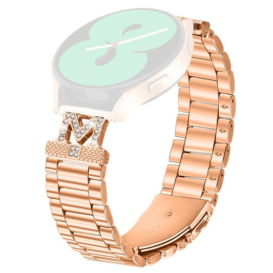 For Huawei Watch GT 3 Pro 43mm Replacement Strap M-Type Rhinestones Decor Stainless Steel 3-Bead Watch Band - Rose Gold
