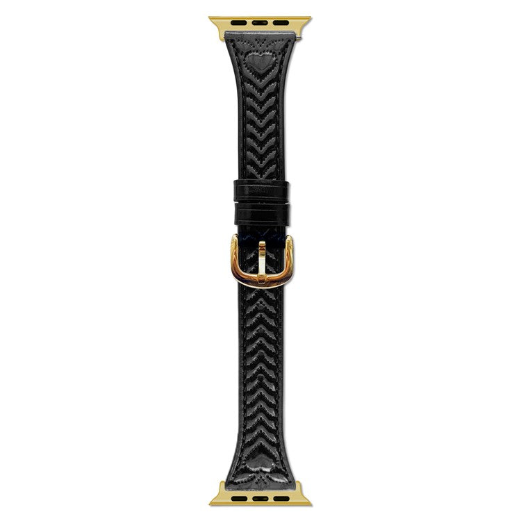 Watch Band For Apple Watch Series 10 Ultra 9 8 7 SE 6 5 4 3 2 1 46mm 49mm 45mm 44mm 42mm Heart Pattern Embossed Genuine Leather Strap - Black