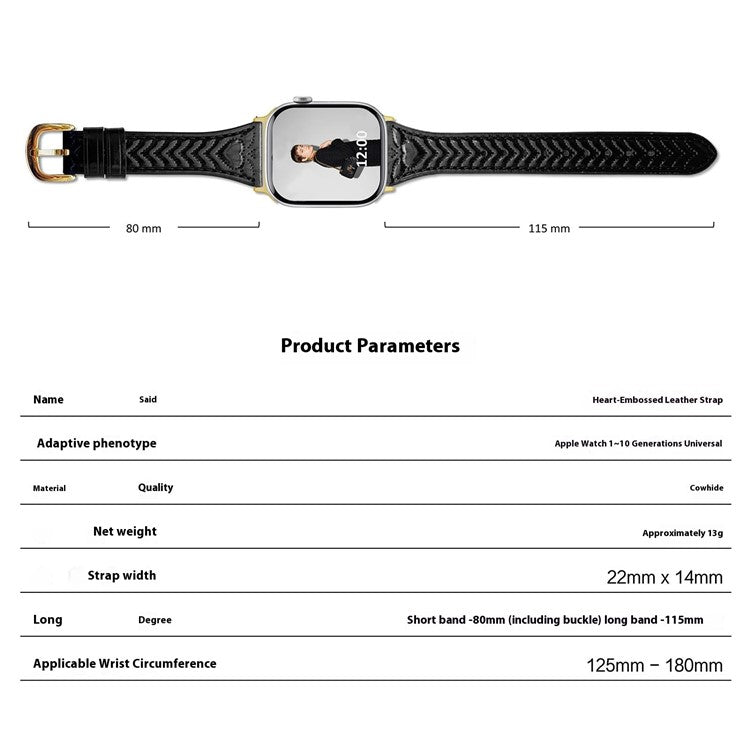 Watch Band For Apple Watch Series 10 Ultra 9 8 7 SE 6 5 4 3 2 1 46mm 49mm 45mm 44mm 42mm Heart Pattern Embossed Genuine Leather Strap - Black