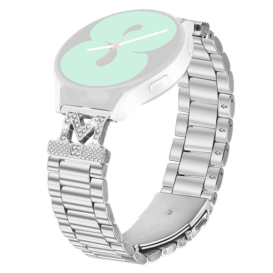 For Huami Amazfit Pop Pro Band Rhinestones Decor 3-Bead Silver Stainless Steel Watch Strap