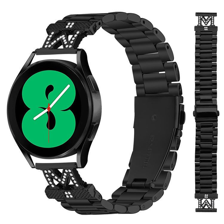 For Huami Amazfit GTR 42mm Watch Strap Rhinestones Decor 3-Bead Stainless Steel Band - Black