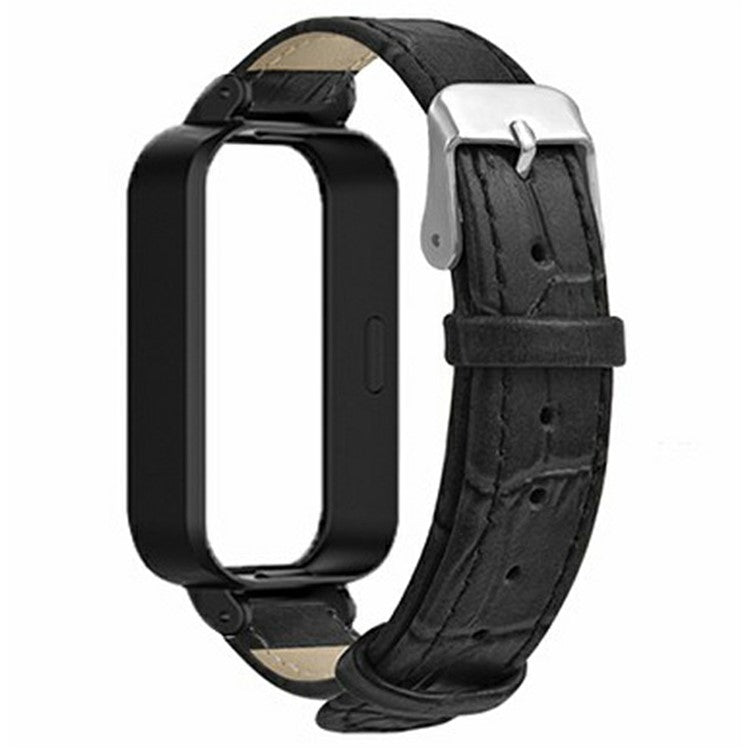 For Xiaomi Redmi Band 3 / Smart Band 9 Active Watch Band with PC Case Bamboo Texture Leather Replacement Strap - Black