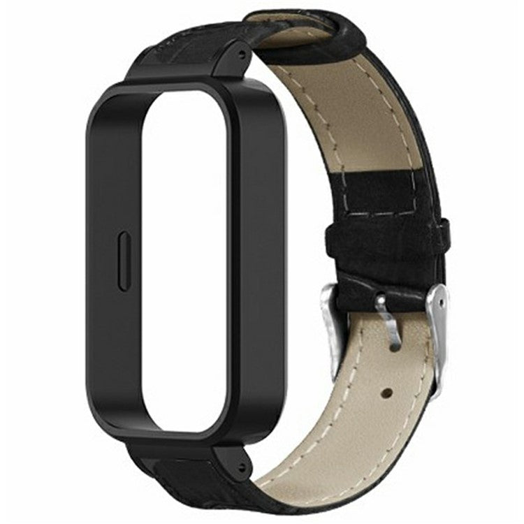 For Xiaomi Redmi Band 3 / Smart Band 9 Active Watch Band with PC Case Bamboo Texture Leather Replacement Strap - Black