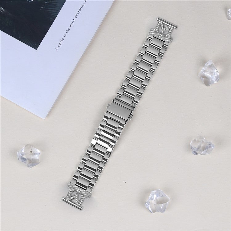For TicWatch E / E3 Strap Rhinestones Decor 3-Bead Silver Stainless Steel Watch Band