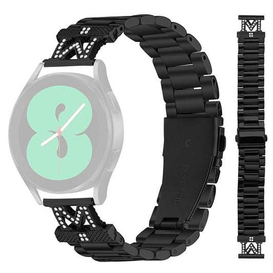 For TicWatch E  /  E3 Watch Strap Rhinestones Decor 3-Bead Stainless Steel Band - Black