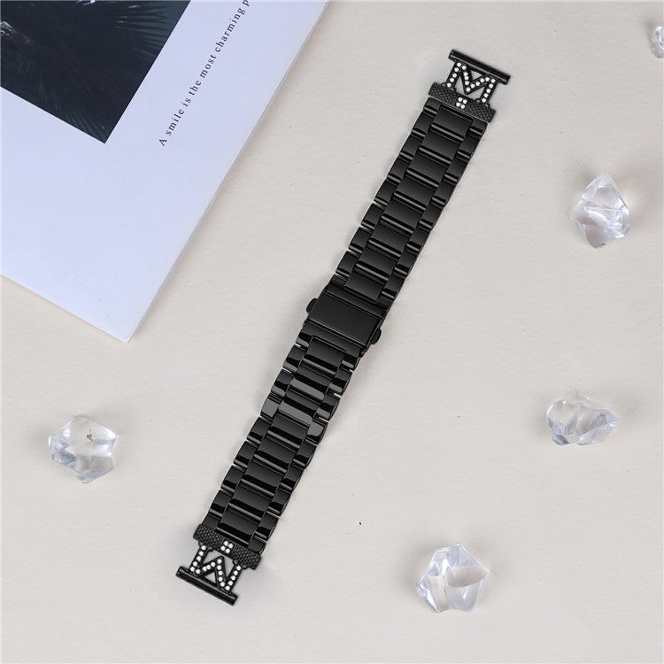 For TicWatch E  /  E3 Watch Strap Rhinestones Decor 3-Bead Stainless Steel Band - Black