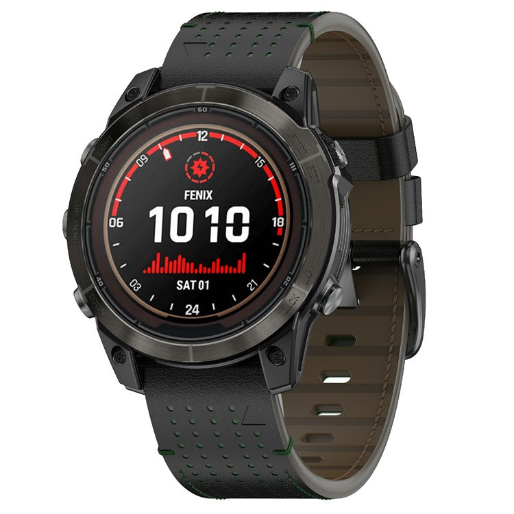 For Garmin 22mm Genuine Cow Leather Watch Band Stitching Line Replacement Strap - Black+Green