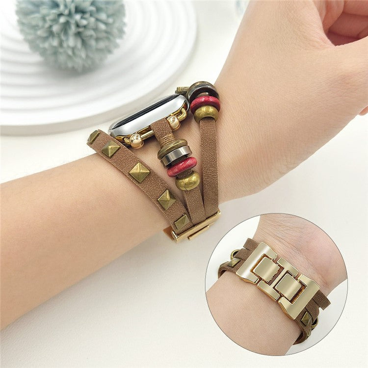 Leather Bracelet Strap for Apple Watch Series 10 9 8 7 SE 6 5 4 3 2 1 42mm 41mm 40mm 38mm Rivet Decor Watch Band - Brown