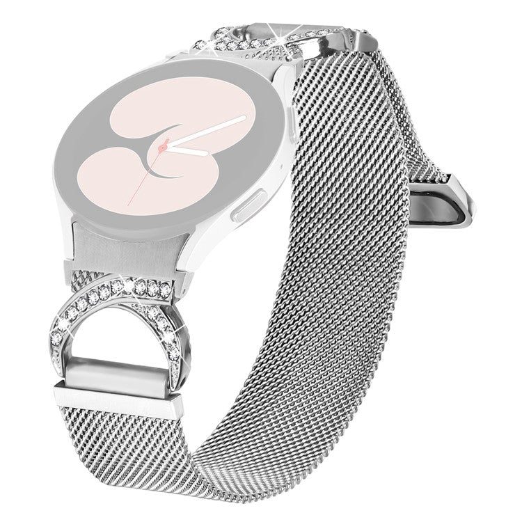 Watch Strap with Quick Release Connector for Samsung Galaxy Watch7 44mm  /  40mm Milanese Silver Metal Watch Band Rhinestone Decor