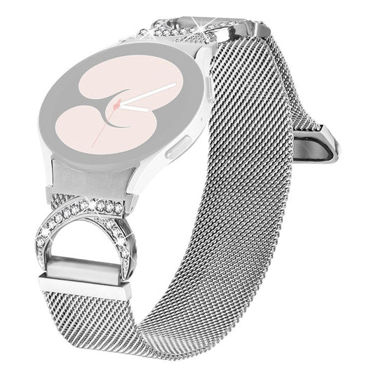 Watch Strap with Quick Release Connector for Samsung Galaxy Watch7 44mm  /  40mm Milanese Silver Metal Watch Band Rhinestone Decor