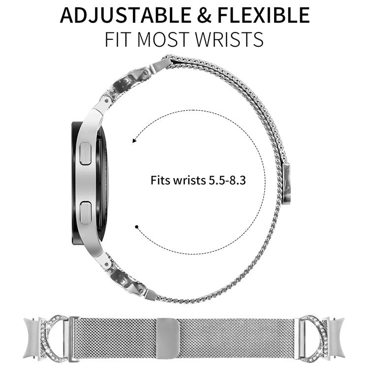 Watch Strap with Quick Release Connector for Samsung Galaxy Watch7 44mm  /  40mm Milanese Silver Metal Watch Band Rhinestone Decor