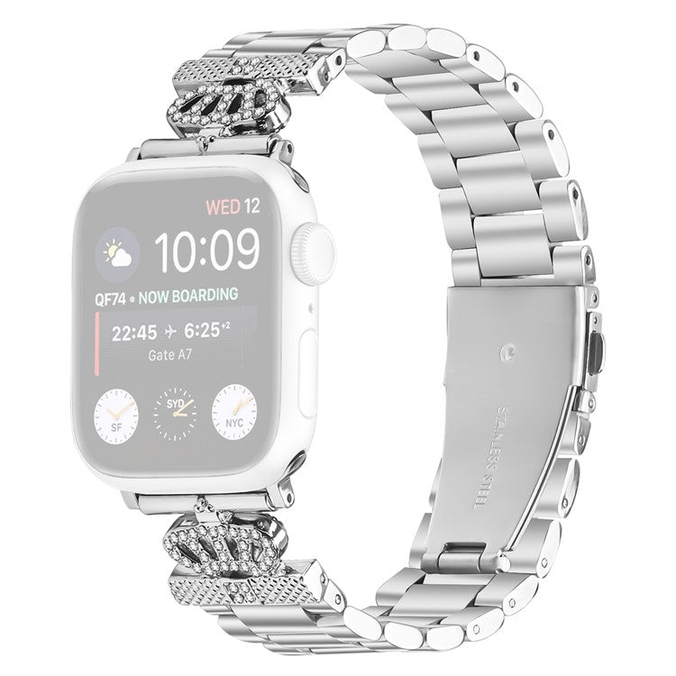 Stainless Steel Strap for Apple Watch Series 10 Ultra 9 8 7 SE 6 5 4 3 2 1 46mm 49mm 45mm 44mm 42mm Crown Shape Rhinestone Decor Silver Watch Band