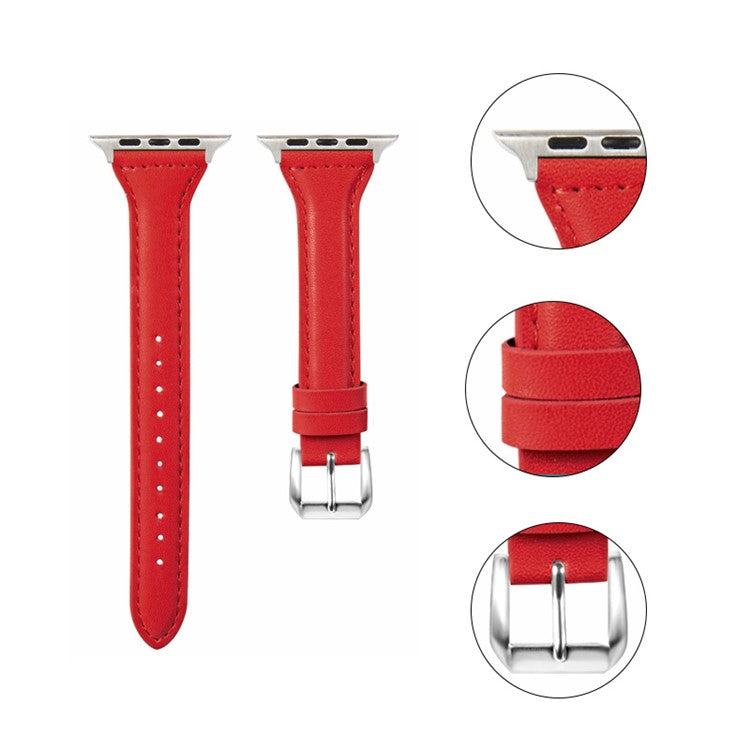 Leather Watchband Strap with Buckle for Apple Watch Ultra 49mm / Ultra 2 49mm / Series 9 45mm / SE (2023) 44mm / Series 7 / 8 45mm / Series 6 / 5 / 4 / SE / SE (2022) 44m / Series / Series 3 / 2 / 1 42mm - Red