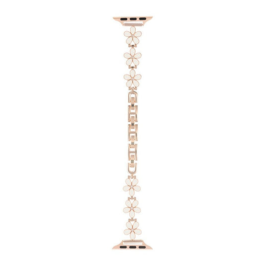 Watch Band for Apple Watch Series 10 Ultra 9 8 7 SE 6 5 4 3 2 1 46mm 49mm 45mm 44mm 42mm Flower Design Zinc Alloy Wrist Strap - White+Rose Gold