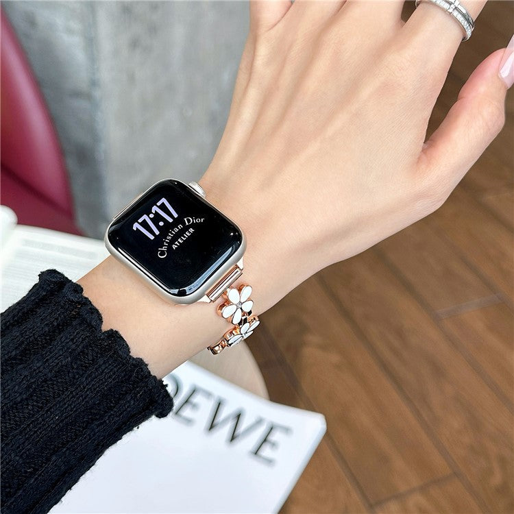 Watch Band for Apple Watch Series 10 Ultra 9 8 7 SE 6 5 4 3 2 1 46mm 49mm 45mm 44mm 42mm Flower Design Zinc Alloy Wrist Strap - White+Rose Gold