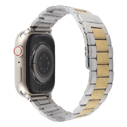 Metal Watch Band for Apple Watch Series 10 Ultra 9 8 7 SE 6 5 4 3 2 1 46mm 49mm 45mm 44mm 42mm Magnetic Three Bead Wrist Strap - Silver+Gold