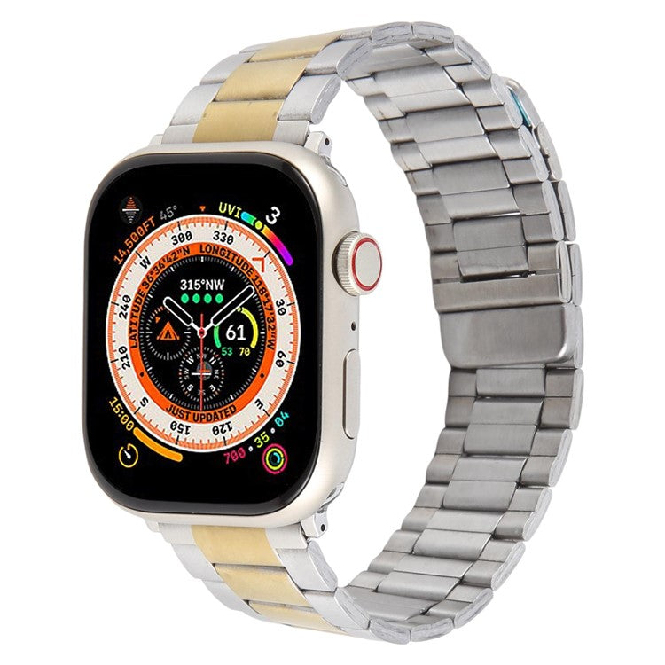 Metal Watch Band for Apple Watch Series 10 Ultra 9 8 7 SE 6 5 4 3 2 1 46mm 49mm 45mm 44mm 42mm Magnetic Three Bead Wrist Strap - Silver+Gold