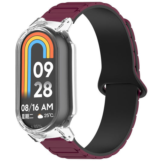 For Xiaomi Smart Band 9 NFC / 9 Magnetic Silicone Strap Dual Color Wristband with PC Protective Frame - Wine Red+Black+Clear