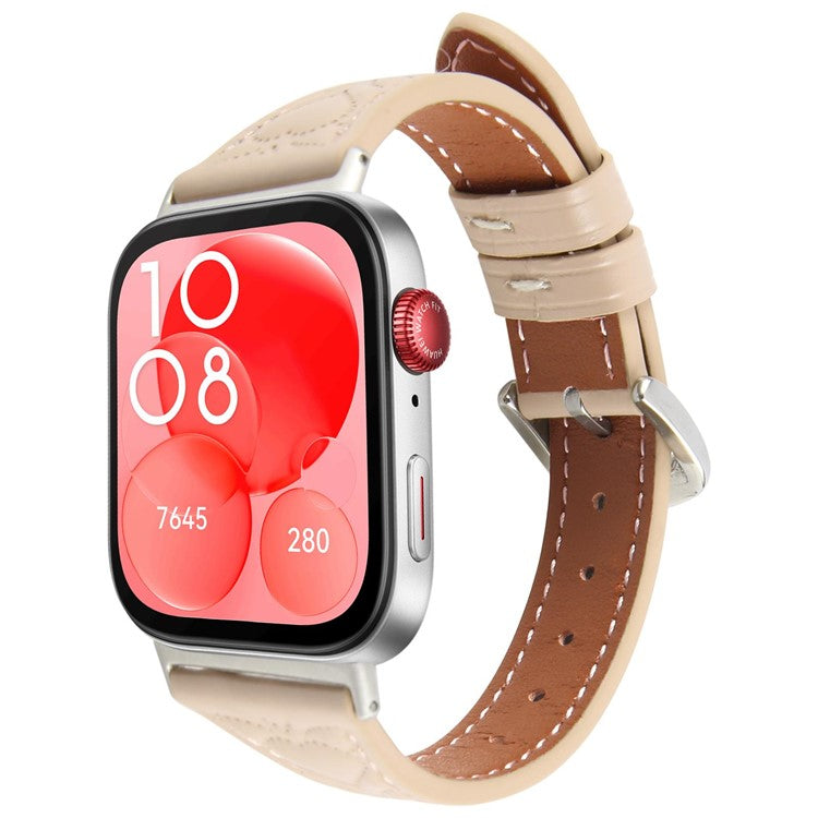 For Huawei Watch Fit 2 Heart Pattern Embossed Watch Band Cowhide Leather Strap - Apricot