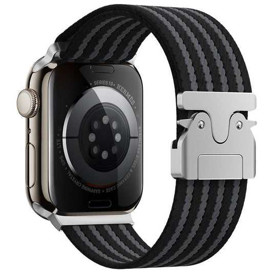 Watch Band for Apple Watch Series 10 9 8 7 SE 6 5 4 3 2 1 42mm 41mm 40mm 38mm 4-Stripe Parachute Buckle Nylon Strap - Black+Grey