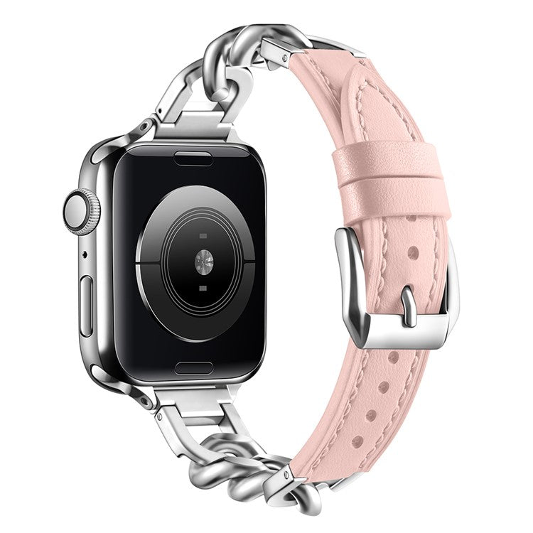 Watch Band For Apple Watch Series 10 Ultra 9 8 7 SE 6 5 4 3 2 1 46mm 49mm 45mm 44mm 42mm Genuine Cow Leather Strap - Pink + Silver