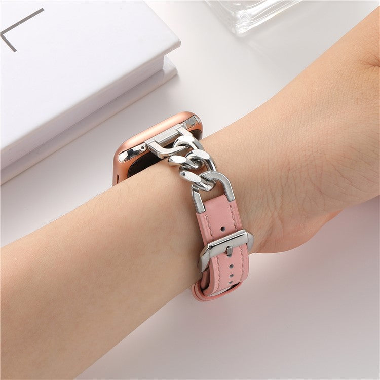 Watch Band For Apple Watch Series 10 Ultra 9 8 7 SE 6 5 4 3 2 1 46mm 49mm 45mm 44mm 42mm Genuine Cow Leather Strap - Pink + Silver