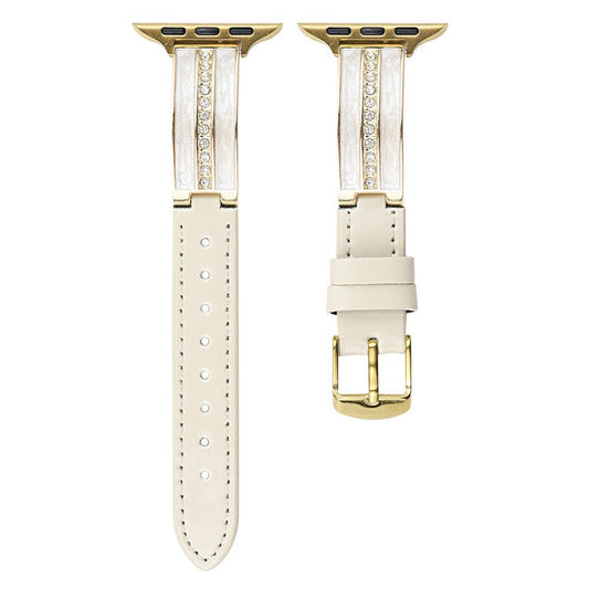 Watch Band For Apple Watch Series 10 9 8 7 SE 6 5 4 3 2 1 42mm 41mm 40mm 38mm Curved Zinc Alloy Leather Strap - Beige + Gold Buckle