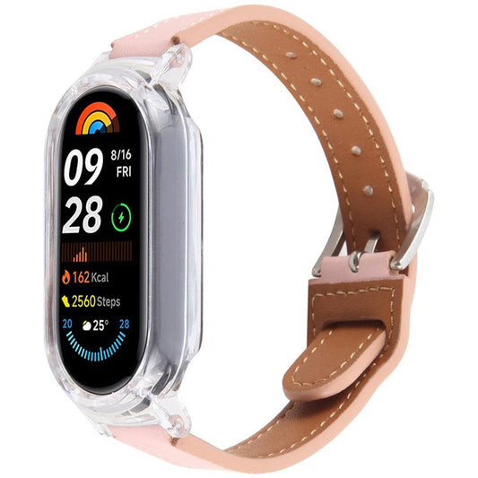 For Xiaomi Smart Band 9 PC Watch Case Integrated Ultra Fiber Leather Quick Release Watch Strap - Transparent  /  Pink