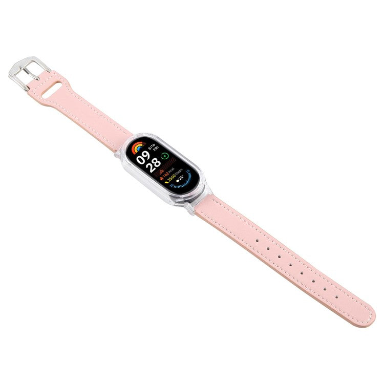 For Xiaomi Smart Band 9 PC Watch Case Integrated Ultra Fiber Leather Quick Release Watch Strap - Transparent  /  Pink