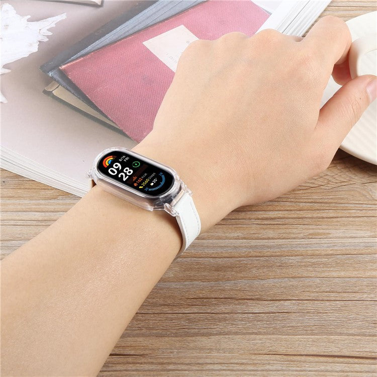 For Xiaomi Smart Band 9 PC Watch Case Integrated Ultra Fiber Leather Quick Release Watch Strap - Transparent  /  Pink