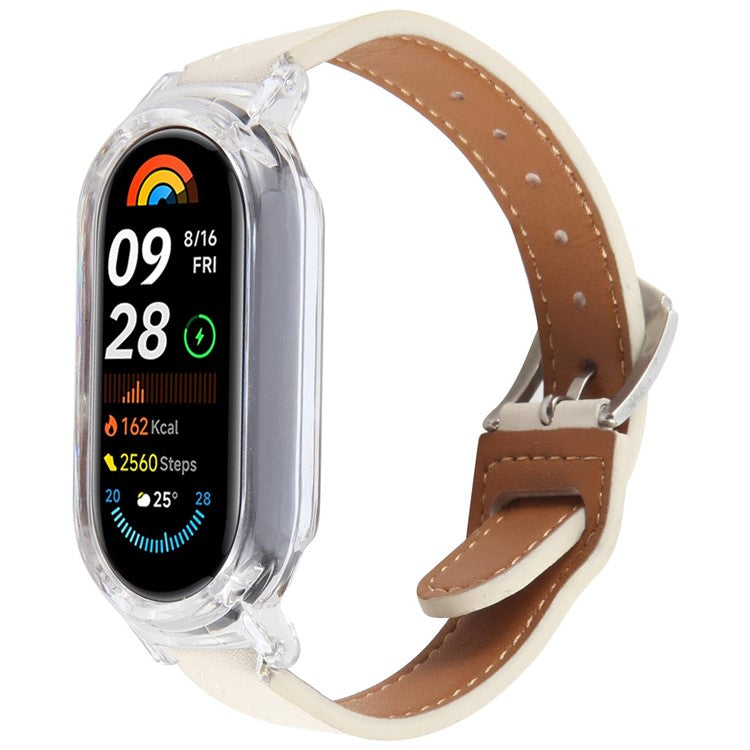 For Xiaomi Smart Band 9 PC Watch Case Integrated Ultra Fiber Leather Quick Release Watch Strap - Transparent  /  Beige