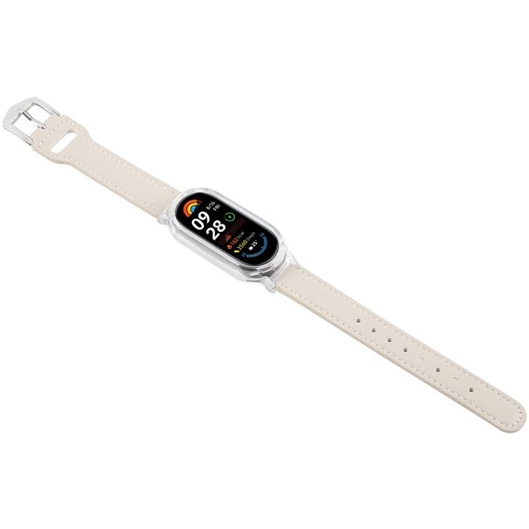 For Xiaomi Smart Band 9 PC Watch Case Integrated Ultra Fiber Leather Quick Release Watch Strap - Transparent  /  Beige