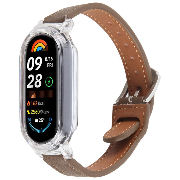 For Xiaomi Smart Band 8 PC Watch Case Integrated Ultra Fiber Leather Quick Release Watch Strap - Transparent  /  Coffee