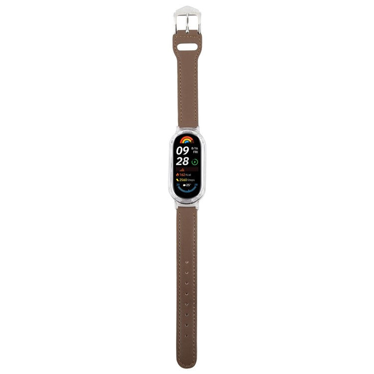 For Xiaomi Smart Band 8 PC Watch Case Integrated Ultra Fiber Leather Quick Release Watch Strap - Transparent  /  Coffee
