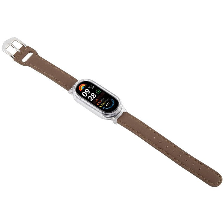 For Xiaomi Smart Band 8 PC Watch Case Integrated Ultra Fiber Leather Quick Release Watch Strap - Transparent  /  Coffee