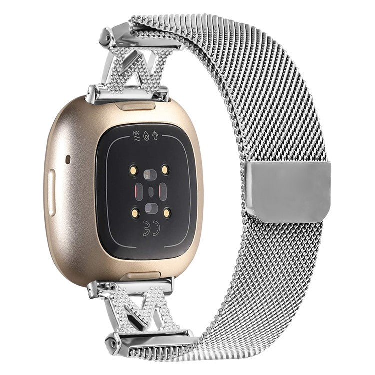 For Fitbit Versa 4 / Sense 2 Bands Stainless Steel M-Type Milanese Watch Band Silver Wrist Strap