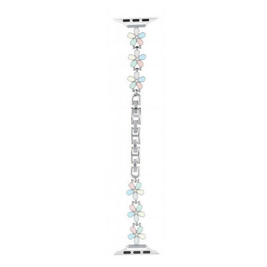 Metal Strap For Apple Watch Series 10 Ultra 9 8 7 SE 6 5 4 3 2 1 46mm 49mm 45mm 44mm 42mm Five Petal Flower Watch Band - Light Colorful  /  Silver