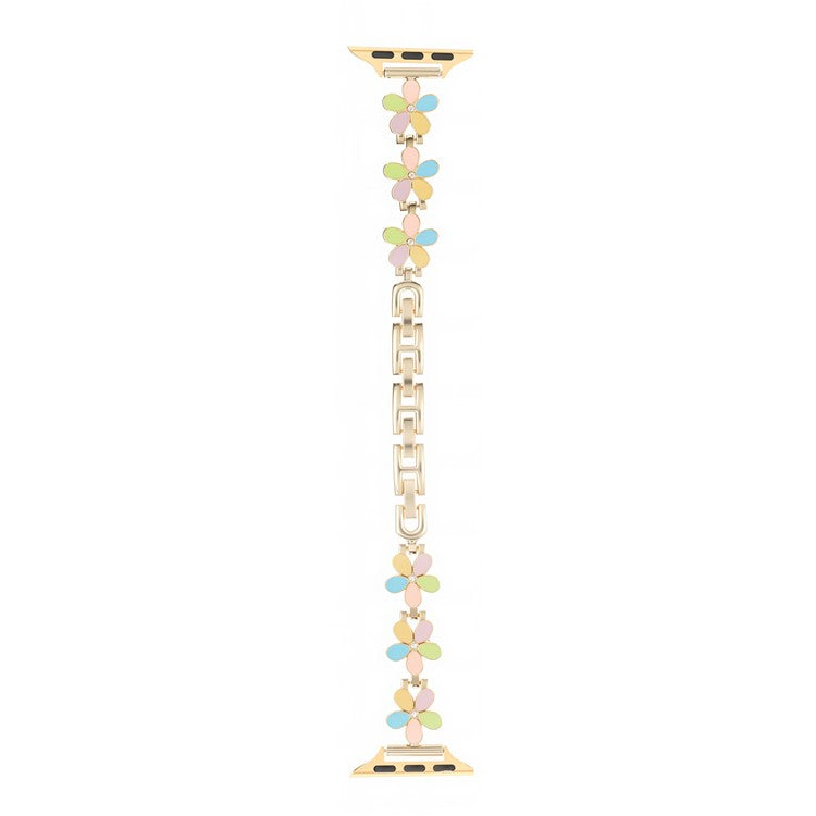 Metal Strap For Apple Watch Series 10 Ultra 9 8 7 SE 6 5 4 3 2 1 46mm 49mm 45mm 44mm 42mm Five Petal Flower Watch Band - Colorful  /  Gold