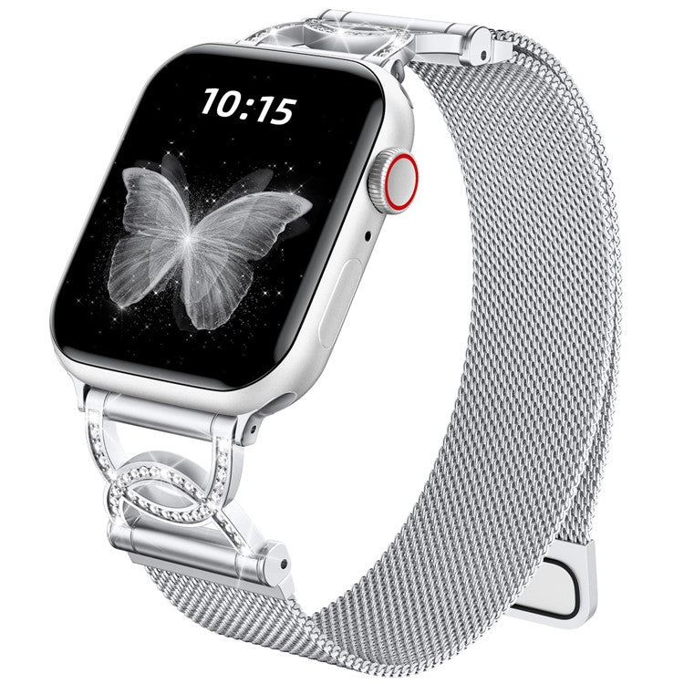 Watch Band For Apple Watch Series 10 9 8 7 SE 6 5 4 3 2 1 42mm 41mm 40mm 38mm DC-Shape Rhinestones Magnetic Clasp Stainless Steel Strap - Silver
