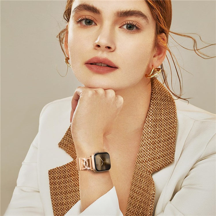 Watch Band For Apple Watch Series 10 9 8 7 SE 6 5 4 3 2 1 42mm 41mm 40mm 38mm DC-Shape Rhinestones Magnetic Clasp Stainless Steel Strap - Rose Gold