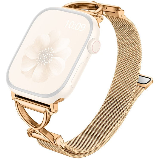 Watch Band For Apple Watch Series 10 Ultra 9 8 7 SE 6 5 4 3 2 1 46mm 49mm 45mm 44mm 42mm X-Shape Slim Magnetic Clasp Stainless Steel Strap - Gold
